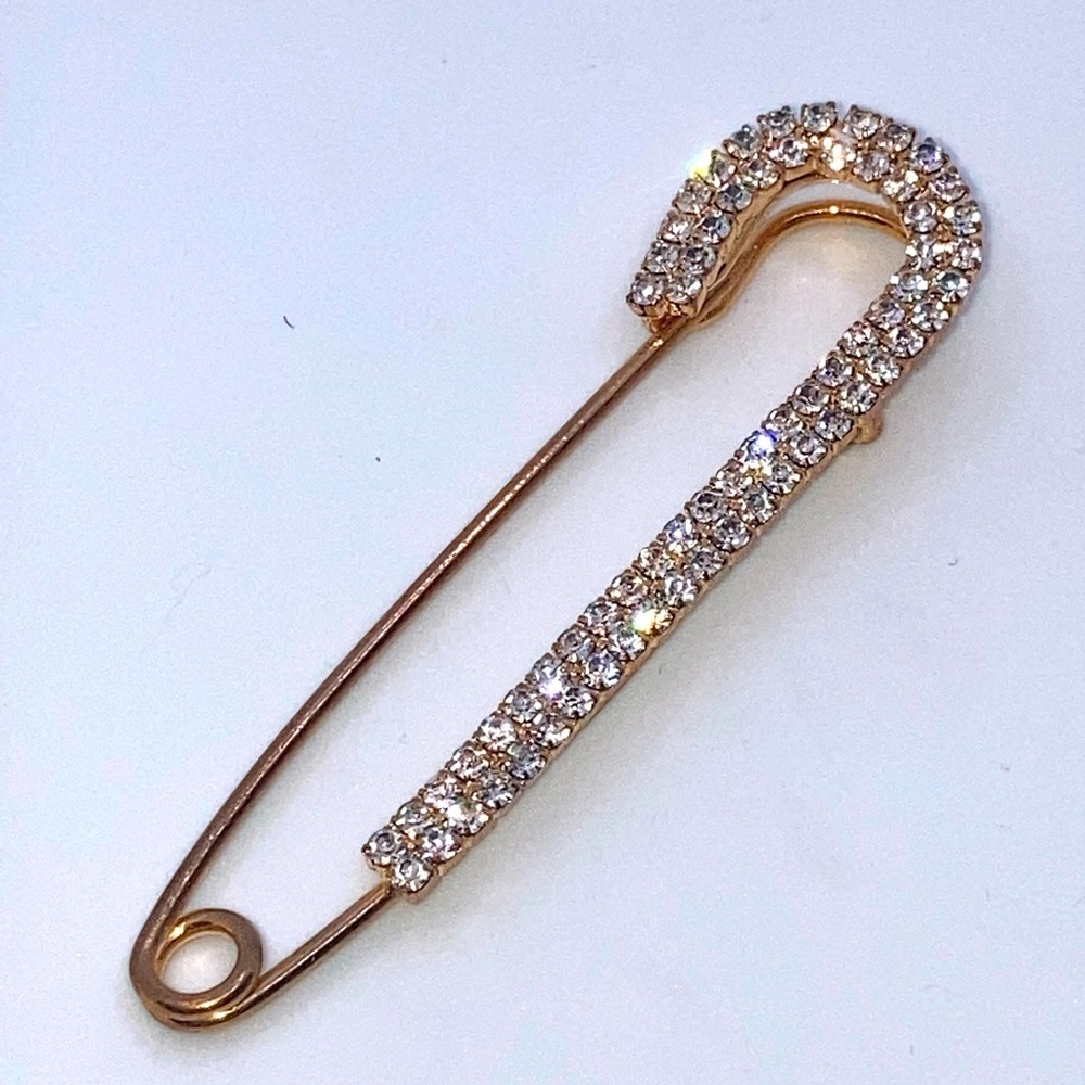 Gold Tone White Clear Rhinestone Oversized Large Safety Pin Brooch 3”